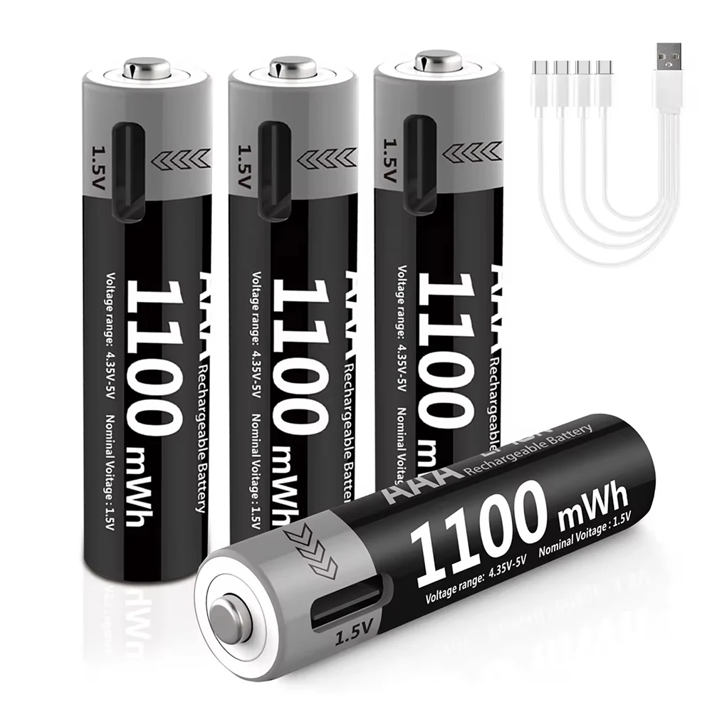 MATOV USB 리튬이온 AAA 충전식 배터리 AAA 1.5V 1100mWh 리튬 배터리 4-in-1 USB 케이블 포함 장난감 카메라 손전등